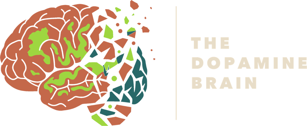 The Dopamine Brain book logo: a brain illustration in terracotta, lime and teal breaking apart into fragments, beside the title The Dopamine Brain in cream